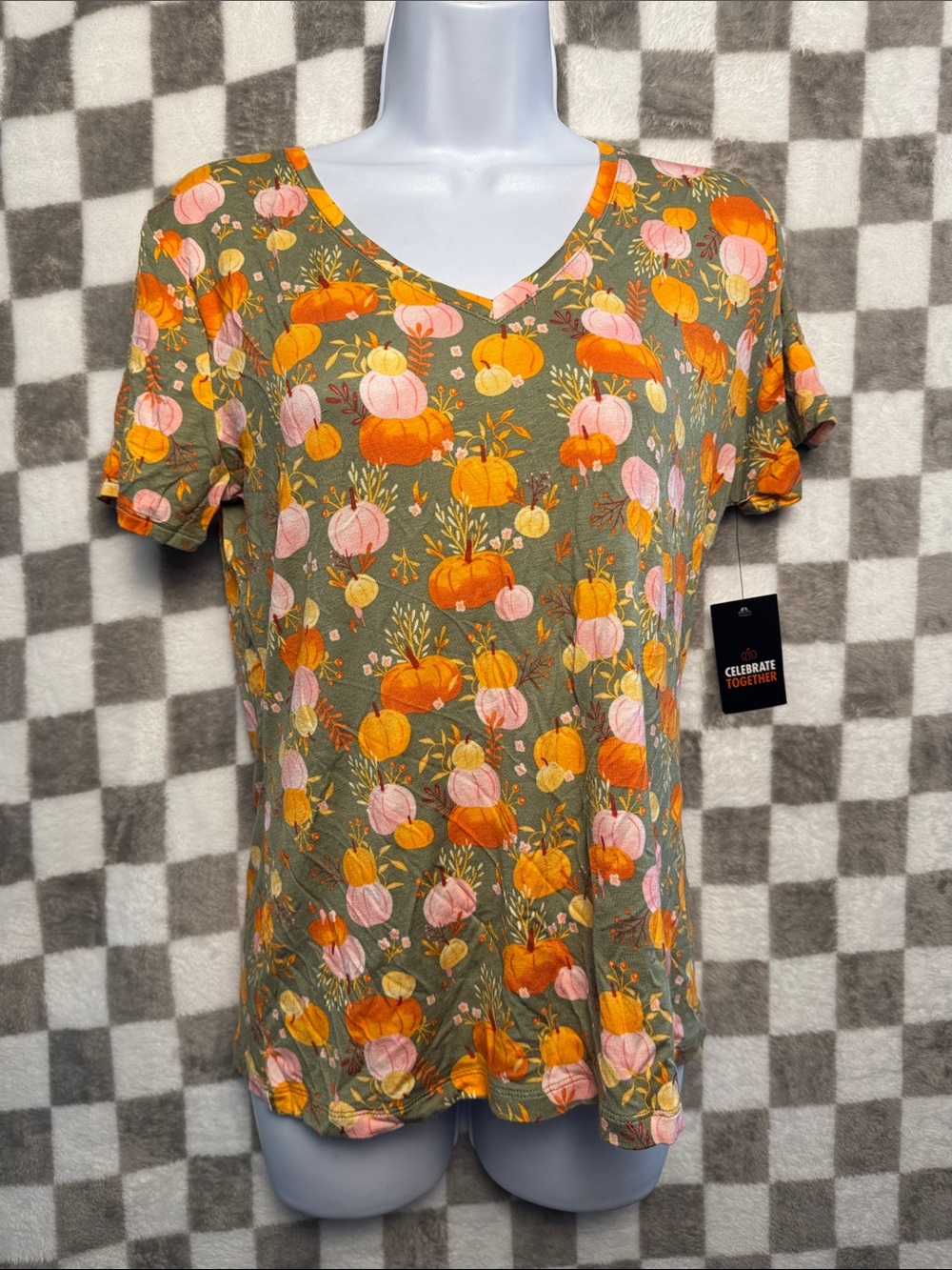 Celebrate Together Olive green Short-Sleeve Pumpkin V-Neck Tee Halloween Fall